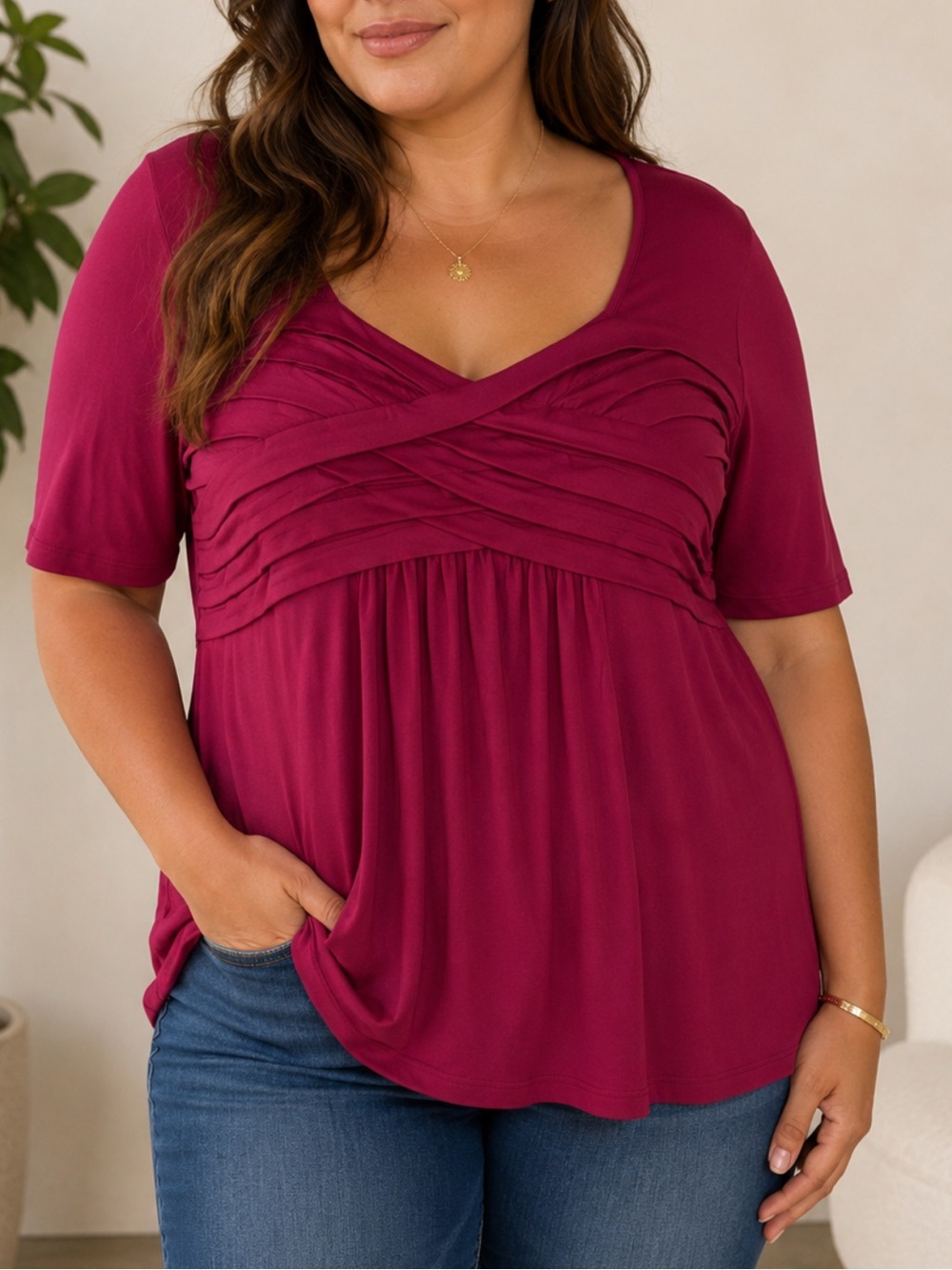 Jessica London Burgundy Stretch Scoop Neck Pleat Crossover Empire Tunic (18/20)